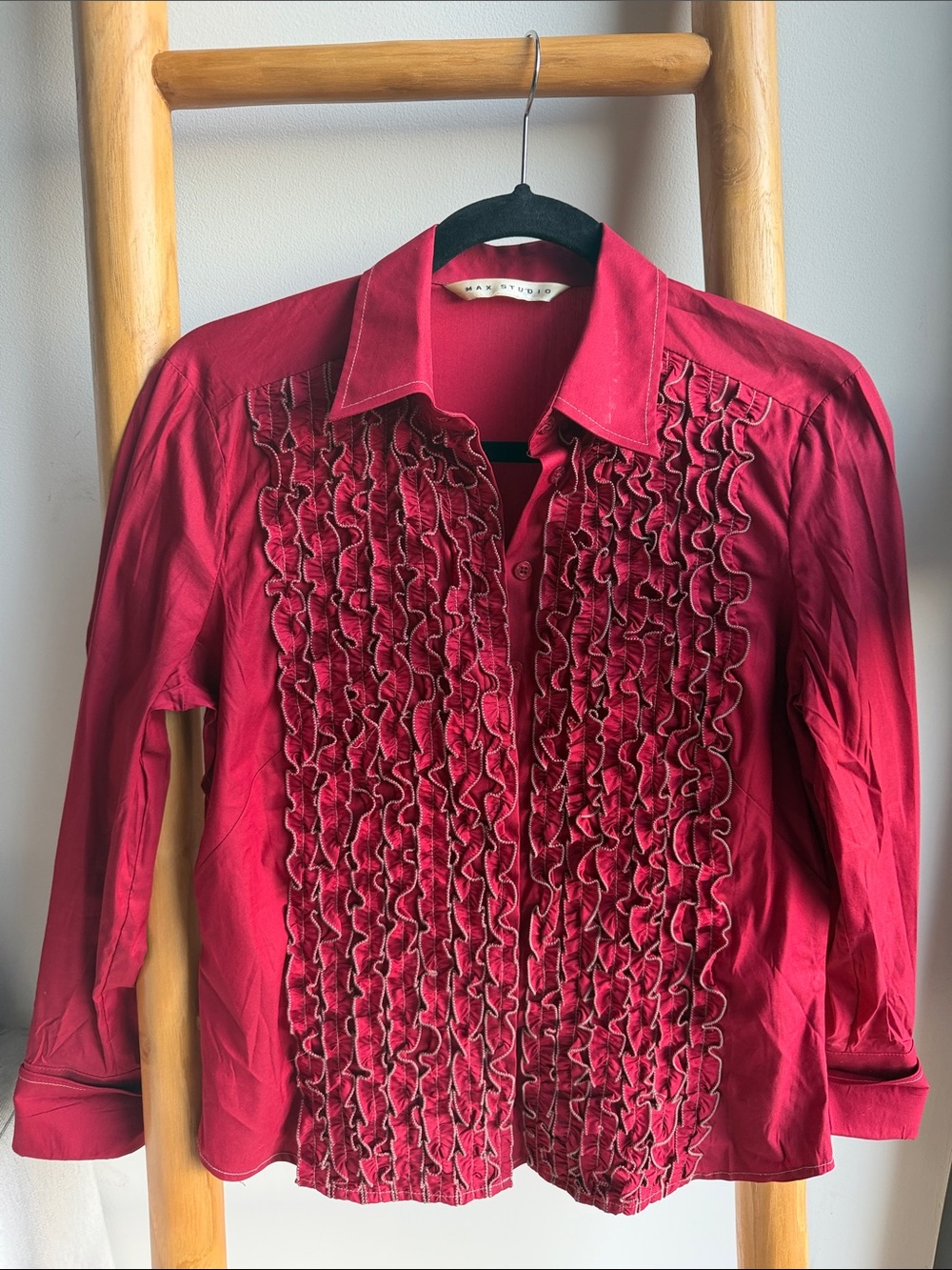 Max Studio Cranberry Red Ruffle Front Button-Down Shirt